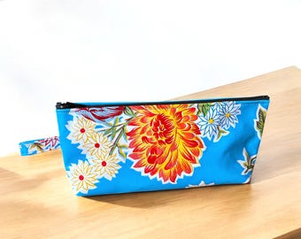 Floral Oil Cloth 10” Pouch , Cosmetic Case, Pencil Case