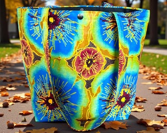 Blue green gold floral African print shoulder tote bag
