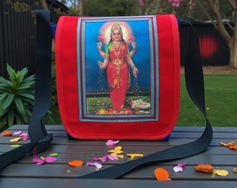 Lakshmi Goddess Canvas Messenger Bag: Appliqued Ribbon Trim