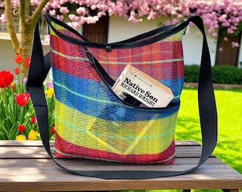 Red plaid Mexican mesh crossbody tote bag, Mercado bag