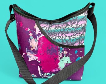 Purple Tie Dye Print Floral Cotton Print Crossbody Market Bag, Shoulder Tote bag,