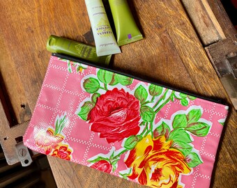 10" Pink Floral Oil Cloth Pencil Case, Cosmetic Make Up Bag, Travel Pouch