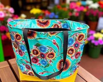 Floral Mexican Oil Cloth and Canvas Zippered Beach Bag, Large Shoulder Tote