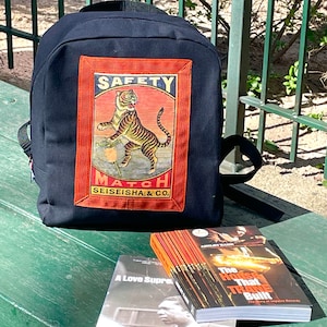 Vintage Matchbox Art Japanese Tiger Black Canvas Backpack, Knapsack