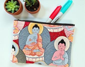 Buddha Cotton Print 7” Pouch, Coin Case, Make Up Cosmetics Bag