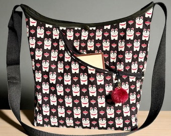 Good luck kitty cotton print crossbody tote bag