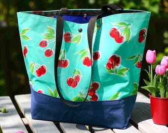 Large Turquoise Cherry Oilcloth Beach Tote Bag