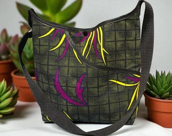 Green purple floral African print crossbody tote bag