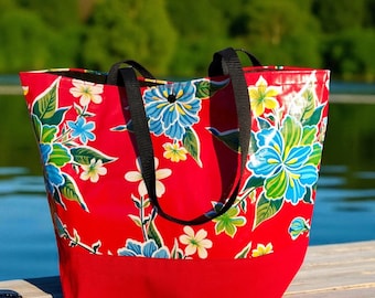 Red Floral Oilcloth Beach Bag: Large Mexican Canvas Tote