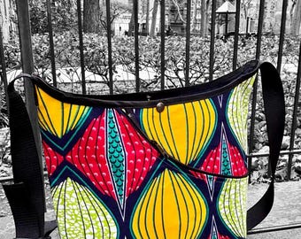 Red yellow African print crossbody tote bag