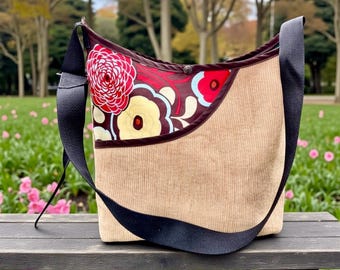 Brown Corduroy and Floral Peek a boo Market Bag, Love Shine Crossbody Corduroy Tote