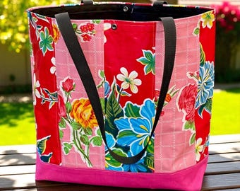 Striped Red and Pink Floral Oil Cloth Beach Bag, Large Tote Bag