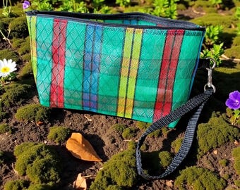 Love Shine Green Plaid Mexican Mesh 10" Cosmetic Case, Make Up bag with wristlet strap