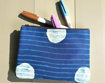 indigo blue polka dot 7” cosmetic case, make up bag, zipper pouch
