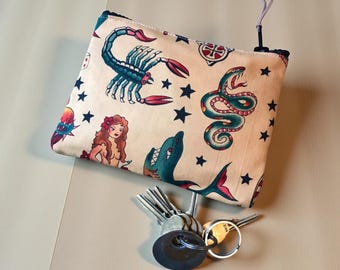 Love Shine Sailor Jerry Tattoo Print Cotton 7" Pouch, Coin Case, Make Up Cosmetics Bag