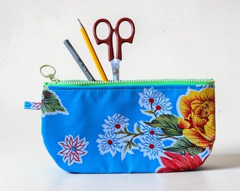 Blue floral oil cloth zipper pouch, cosmetic case, pencil case