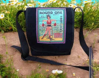 Boxing Girl Daybag, Canvas Messenger bag with Vintage Firecracker Box Design, Crossbody Shoulder Bag