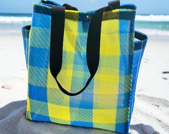 Blue and Yellow Plaid Mexican Mesh Pocket Market Bag, Mercado Bag, Shopping Tote