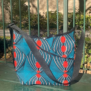 Teal Orange African Print Wax Cloth Crossbody Market Bag, Shoulder bag