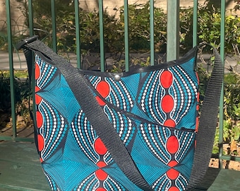 Teal Orange African Print Wax Cloth Crossbody Market Bag, Shoulder bag