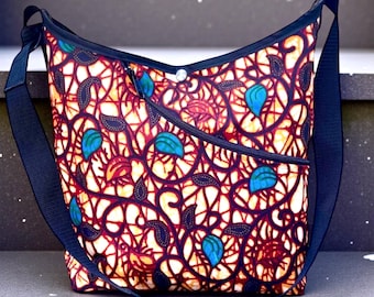 Brown blue floral African print crossbody tote bag