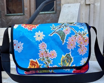 Love Shine Blue Floral Mum Oil Cloth and Canvas Courier Bag, Messenger Bag