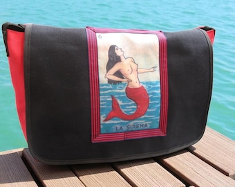 La Sirena Canvas Courier bag, Mermaid Black Canvas Messenger Crossbody Bookbag