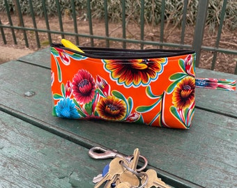 Orange Floral Oil Cloth  10” Pouch , Cosmetic Toiletry Make Up Bag, Pencil Case