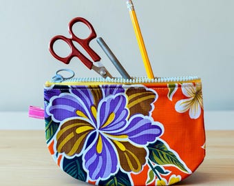 Orange hibiscus floral oil cloth zipper pouch bag, cosmetic case, pencil case