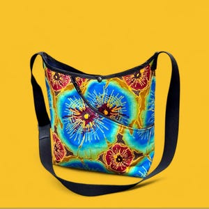 Sac de marché à bandoulière en tissu ciré à imprimé africain jaune or bleu, sac fourre-tout à bandoulière