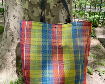 Large Woven Red Plaid Mexican Mesh Market Bag, Shopping Tote, Beach Bag