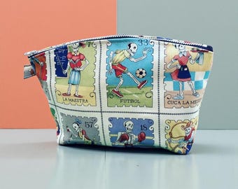 Dia de los Muertos Cosmetic Case: 9" Loteria Print Cotton Makeup Bag