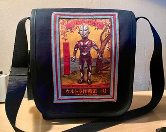 Vintage Japanese Robot Martian Canvas Messenger Bag, Matchbox Art Daybag, Courier Bag