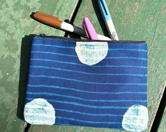 indigo blue polka dot 7” cosmetic case, make up bag, zipper pouch
