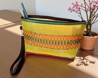 Love Shine Yellow Woven Mexican Mesh10" Cosmetic Case, Make Up Bag with Wristlet Strap