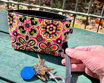 Pink  Floral Cotton Print Wristlet , 7” Zipper Pouch witb Wrist Strap