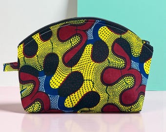 African Wax Cloth Makeup Bag: Yellow Blue Abstract Print, 11” Zipper Pouch