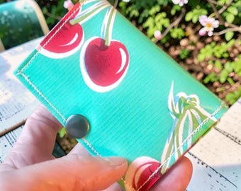 Love Shine Turquoise Cherry Oil Cloth Trifold Wallet, Billfold