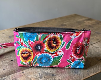 Floral Oil Cloth 10” Pouch , Cosmetic Case, Pencil Case