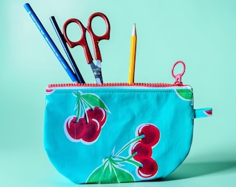 Turquoise cherry oil cloth zipper pouch, cosmetic case, pencil case