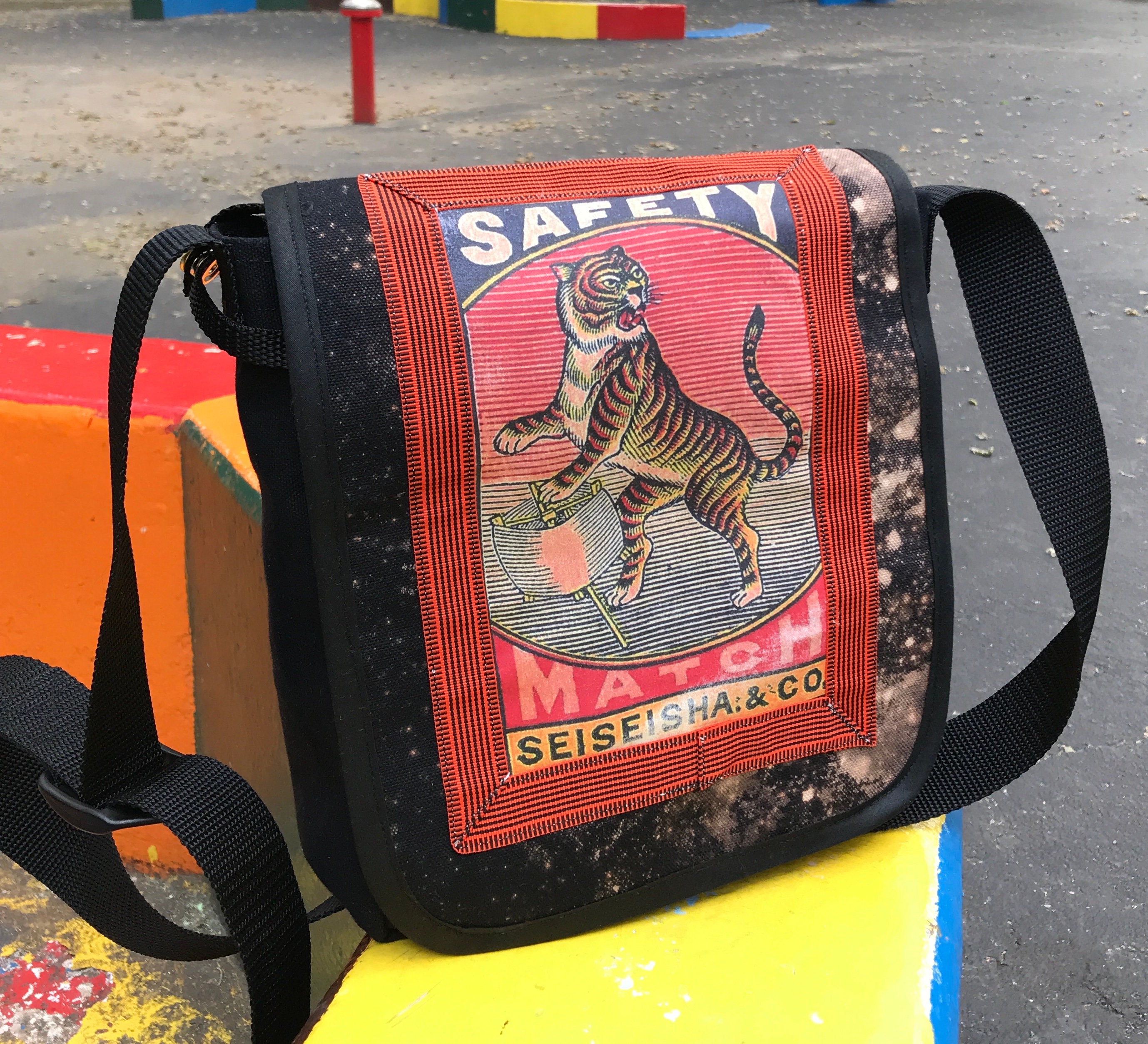 Vintage Japanese Tiger Canvas Messenger Bag, Matchbox Art Day Bag, Courier Bag