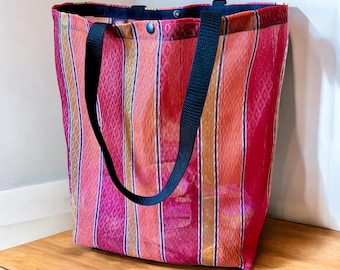 Large Red Orange Stripe Mexican Mesh Market Bag, Mercado Bag, Tote Bag