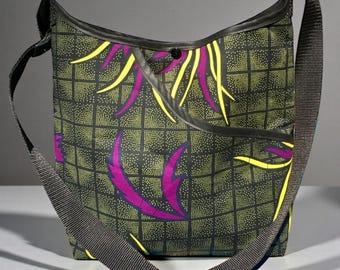 Green purple floral African print crossbody tote bag