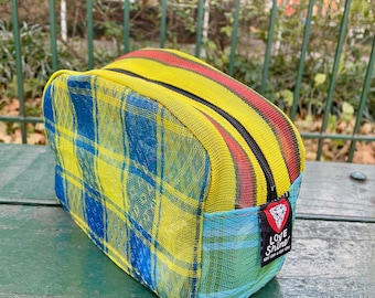 Love Shine Blue Yellow Plaid Mexican Mesh Patchwork Travel Dopp kit, Cosmetics Case, Make Up Bag