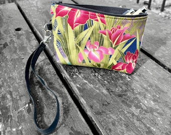 Asian Floral Cotton Print 7" Wrist Bag, Pouch, Cosmetic Bag, Swinger, Clutch