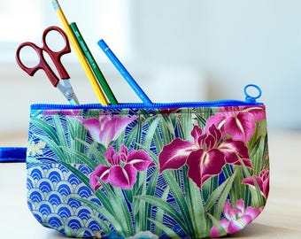 Blue gold Asian floral print zippered pouch bag, cosmetic case, pencil case