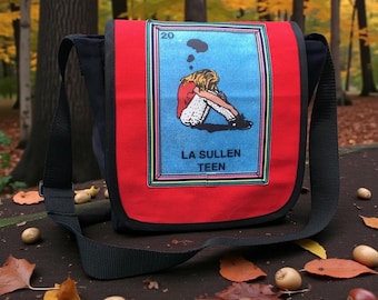 La Sullen Teen Canvas Messenger Bag: Mexican Loteria Crossbody Daybag