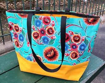 Large Turquoise Mexican Floral Oil Cloth Beach Bag, Oil Cloth Tote