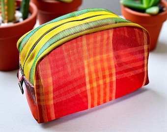 Love Shine Red Plaid Patchwork Mexican Mesh Dopp kit, Travel Case, Cosmetics Toiletry Bag