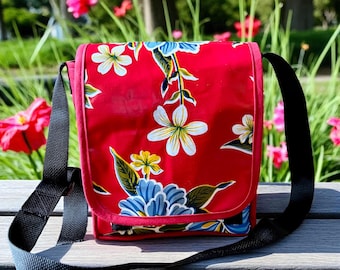 Red Floral Oil Cloth Messenger Bag, Daybag